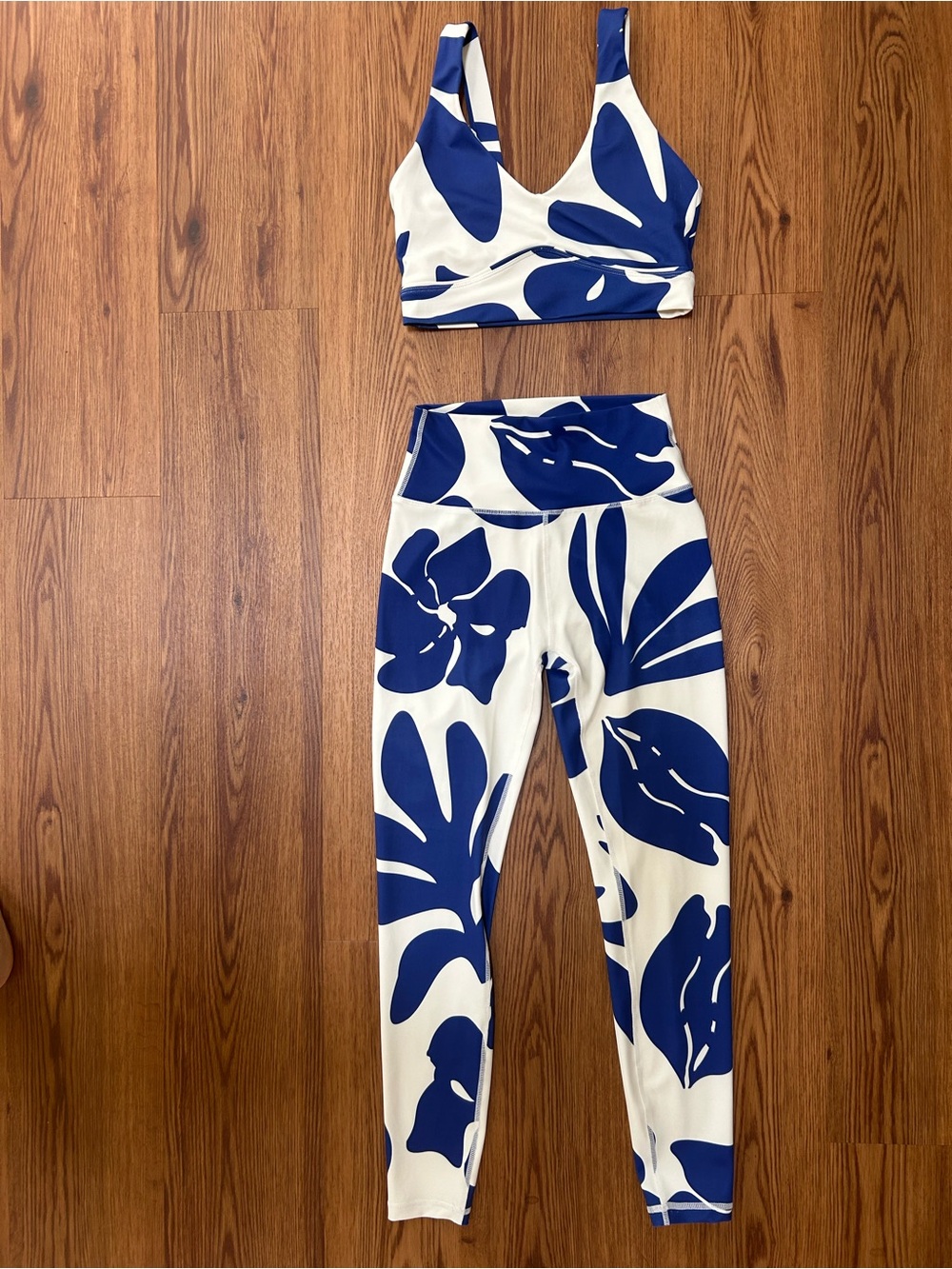 Blue & White Hawaii Vacation Theme Floral Print Sports Bra and Legging Set